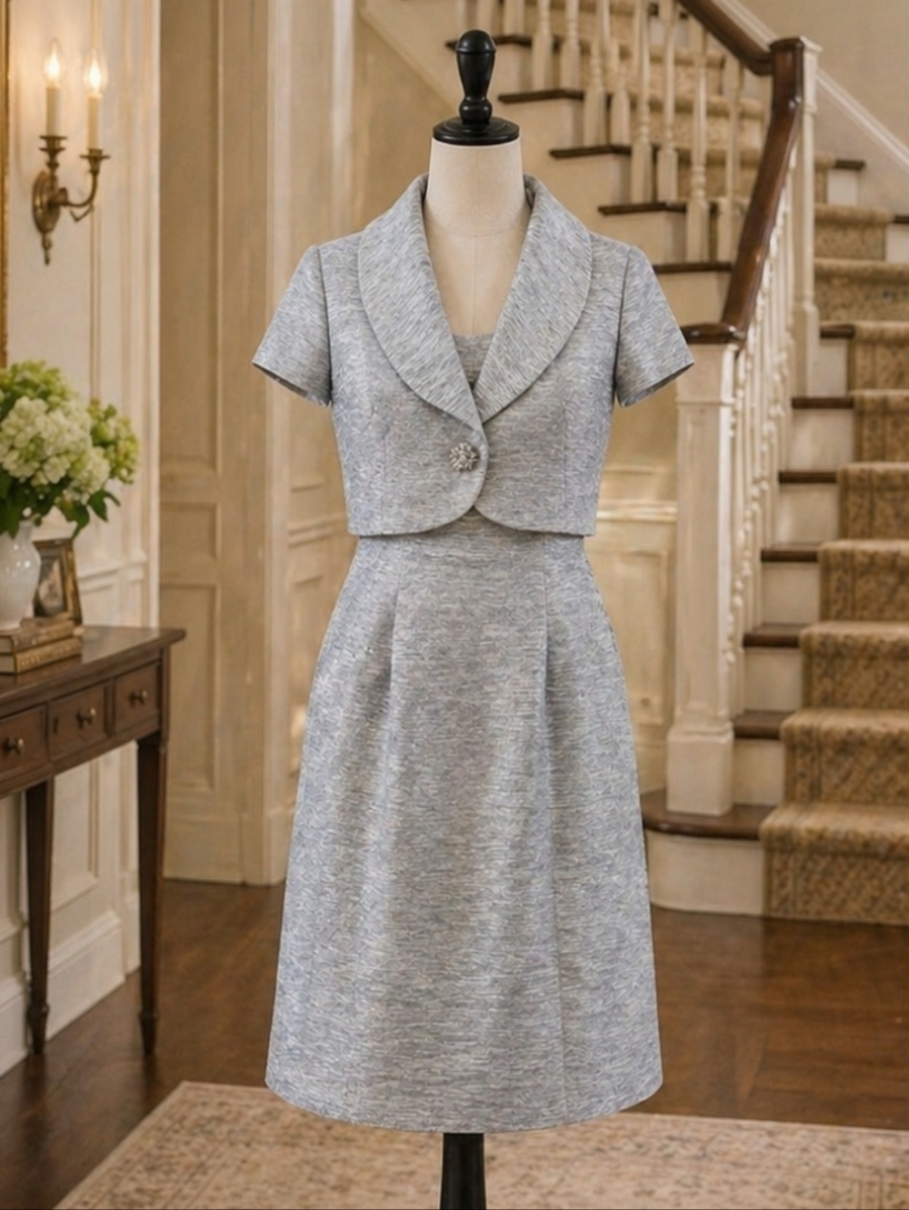NEW Tahari Luxe Metallic Silver Sheath Gray Cotton Jacket Set  12